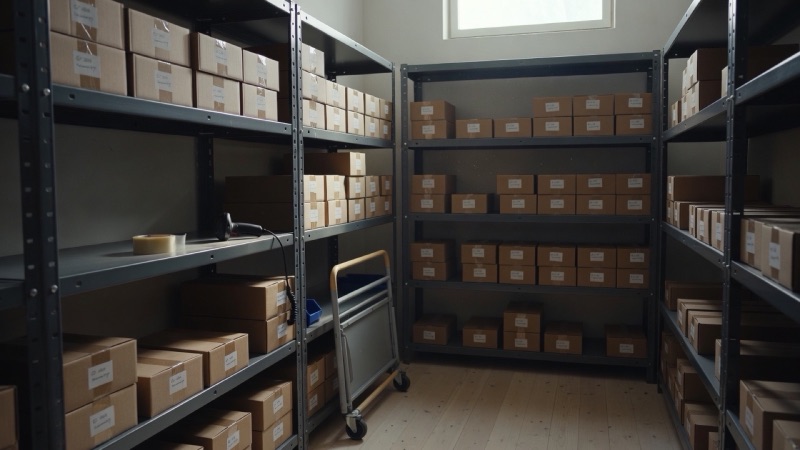A small, tidy stockroom at first light: grey steel shelving with plain cardboard boxes, a wooden counter with a clipboard, and a pallet truck under a skylight