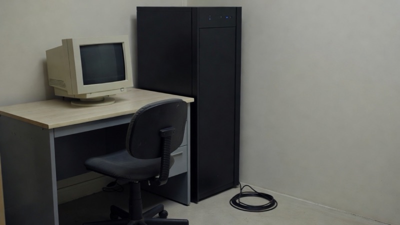 A quiet server room corner with an older beige terminal on a metal desk beside a modern rack, a swivel chair and a coiled cable