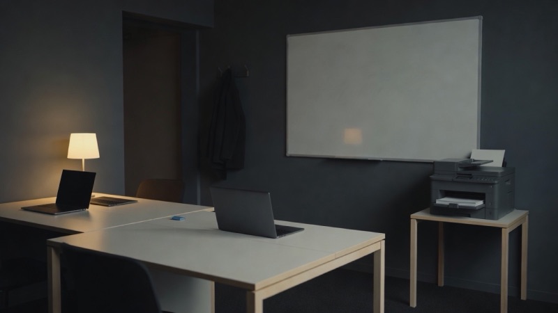 A back office after hours: two desks, a whiteboard wiped clean, a printer with a tray of paper, a coat on a hook by the door