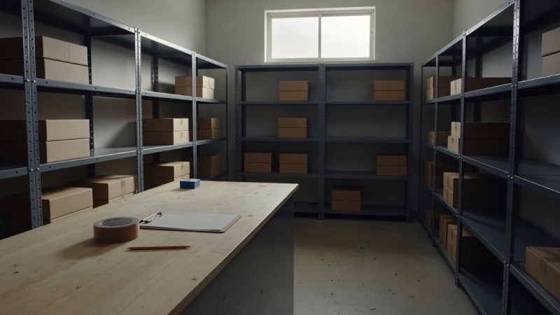 A small, tidy stockroom: metal shelving with labelled cardboard boxes, a wooden counter with a clipboard and a roll of packing tape, daylight from a high window