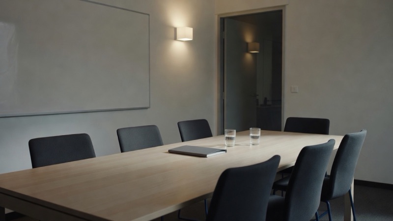 A meeting room after hours: a long pale table, six empty chairs pushed in, a wiped whiteboard, two glasses of water and a closed folder under warm side lighting