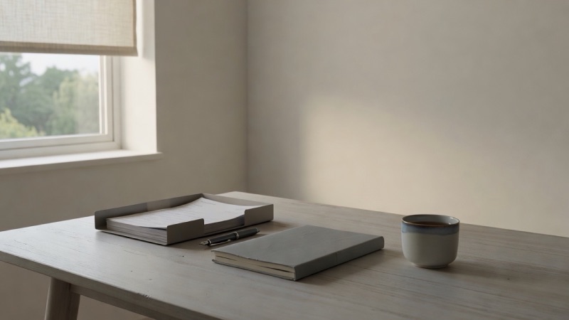 A quiet finance desk in the early morning: a closed ledger, a paper tray of invoices, a fountain pen and a cold cup of tea by a window with the blind half drawn