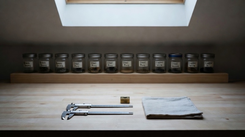 A quiet studio workbench: a pale wooden bench with a set of calipers, a steel rule, a small brass weight and a folded cloth, a shelf of labelled jars behind, north light from a skylight