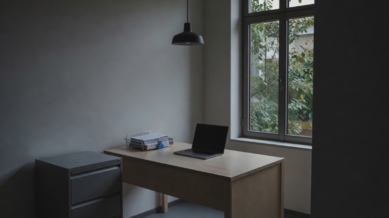 A quiet back office in the early evening: a closed laptop on a pale desk, a paper invoice tray, a filing cabinet and a window onto a courtyard