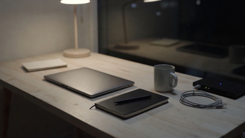 A developer's desk by a window at night: a closed laptop, a notebook with a pen, a network cable coiled beside a small router, and a mug