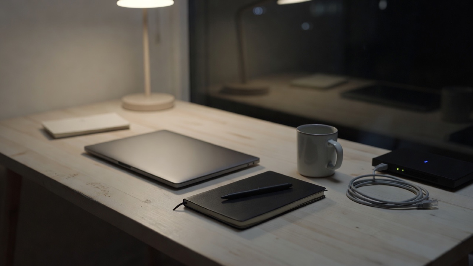 A developer's desk by a window at night: a closed laptop, a notebook with a pen, a network cable coiled beside a small router, and a mug
