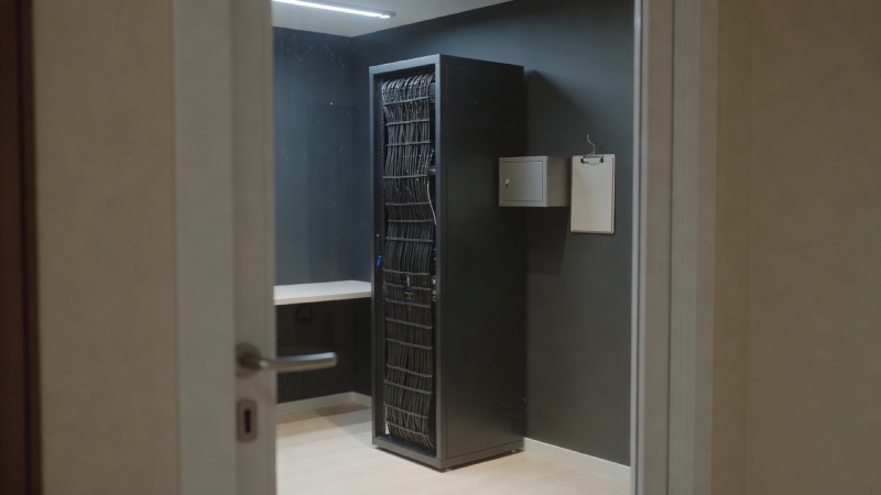 A small server room seen through a glass door: one rack with tidy cabling, a key safe on the wall, a clipboard on a hook, cool blue light