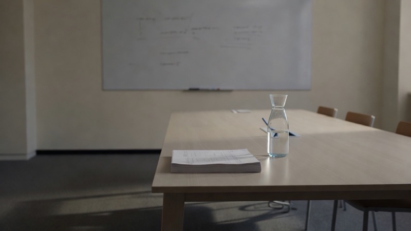 A meeting room after hours: a long pale table, a whiteboard wiped clean, a stack of printed process diagrams squared at one end, evening light across the floor