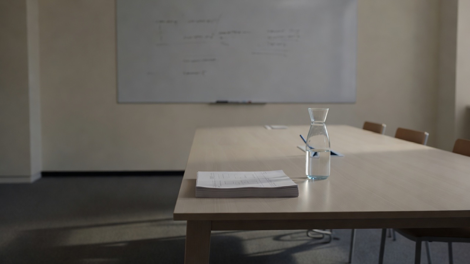 A meeting room after hours: a long pale table, a whiteboard wiped clean, a stack of printed process diagrams squared at one end, evening light across the floor