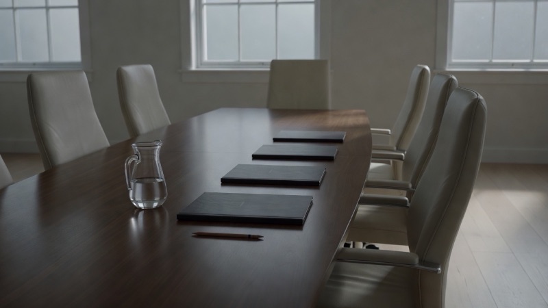 A boardroom table before a meeting: dark wood, four printed proposals face down in a row, a jug of water, a single pencil, tall windows with grey morning light