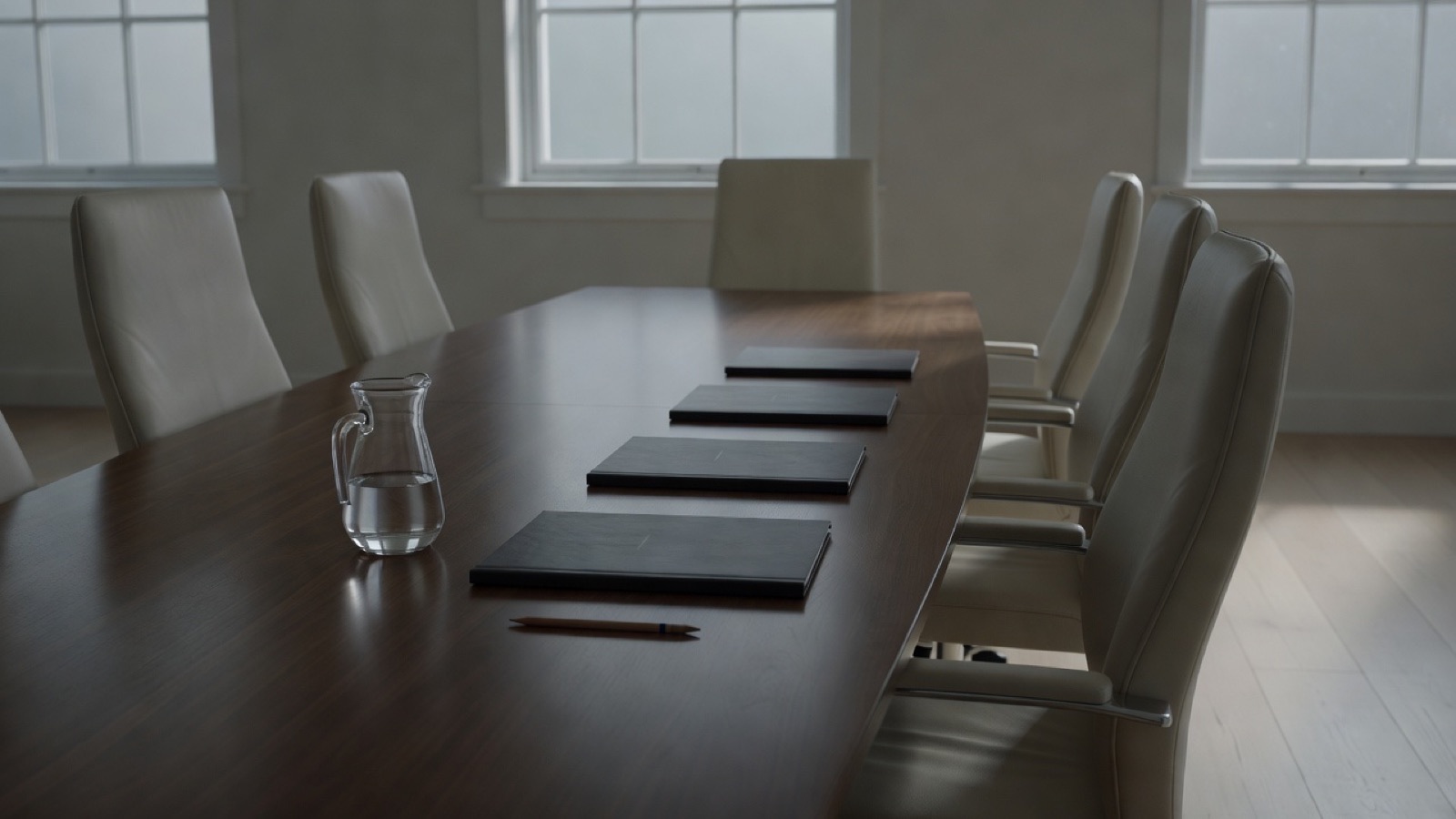 A boardroom table before a meeting: dark wood, four printed proposals face down in a row, a jug of water, a single pencil, tall windows with grey morning light
