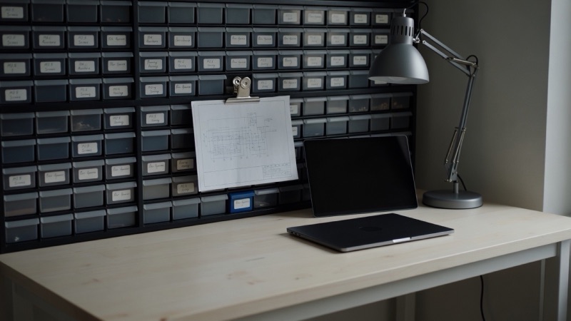 A workshop bench in a small engineering studio: labelled parts drawers, a printed schematic under a clip, a closed laptop and a soldering lamp switched off