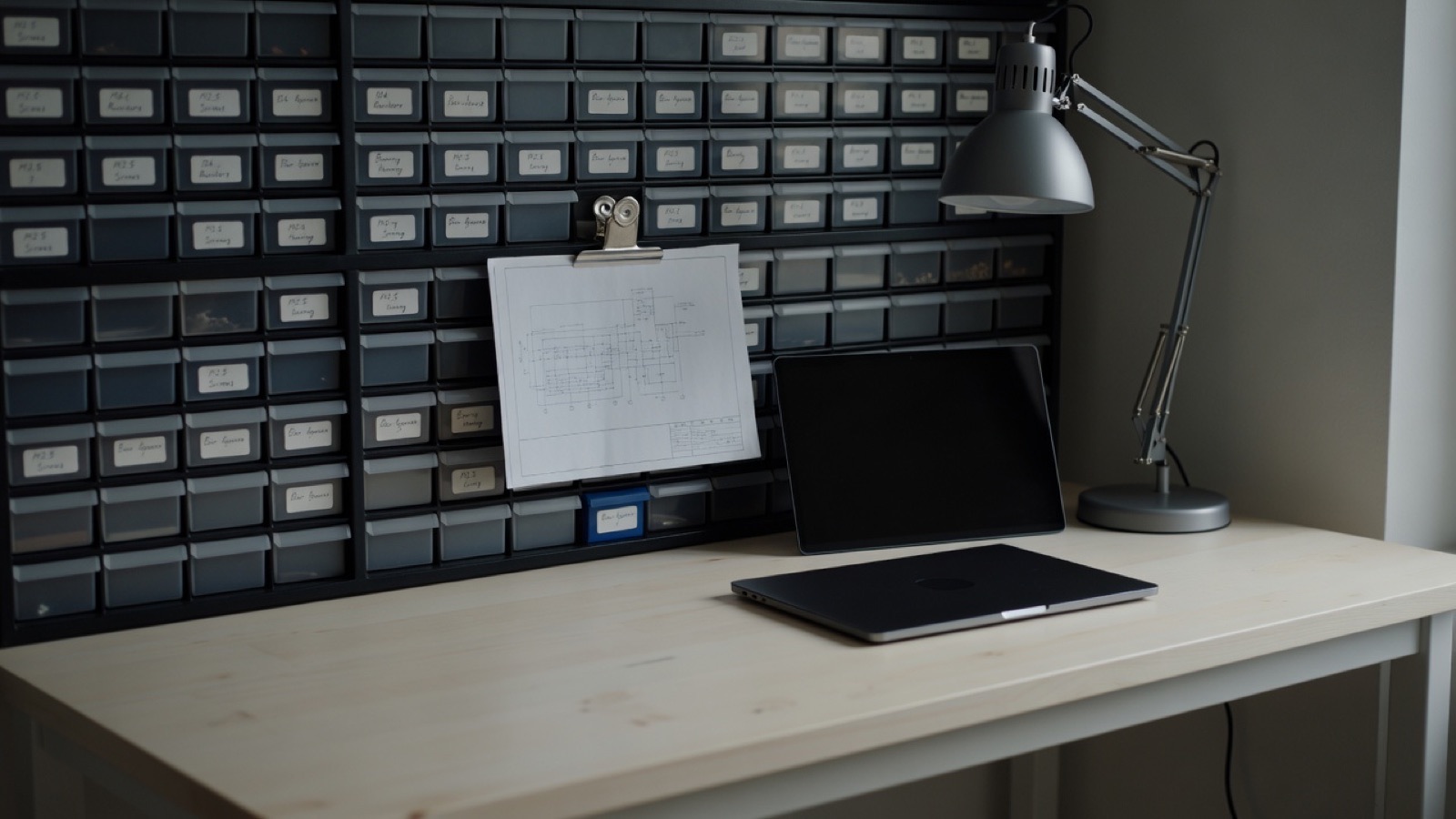 A workshop bench in a small engineering studio: labelled parts drawers, a printed schematic under a clip, a closed laptop and a soldering lamp switched off