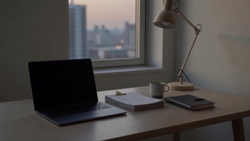 A small finance office at dusk: a closed laptop, a stack of paper invoices and a notebook on a wooden desk by the window