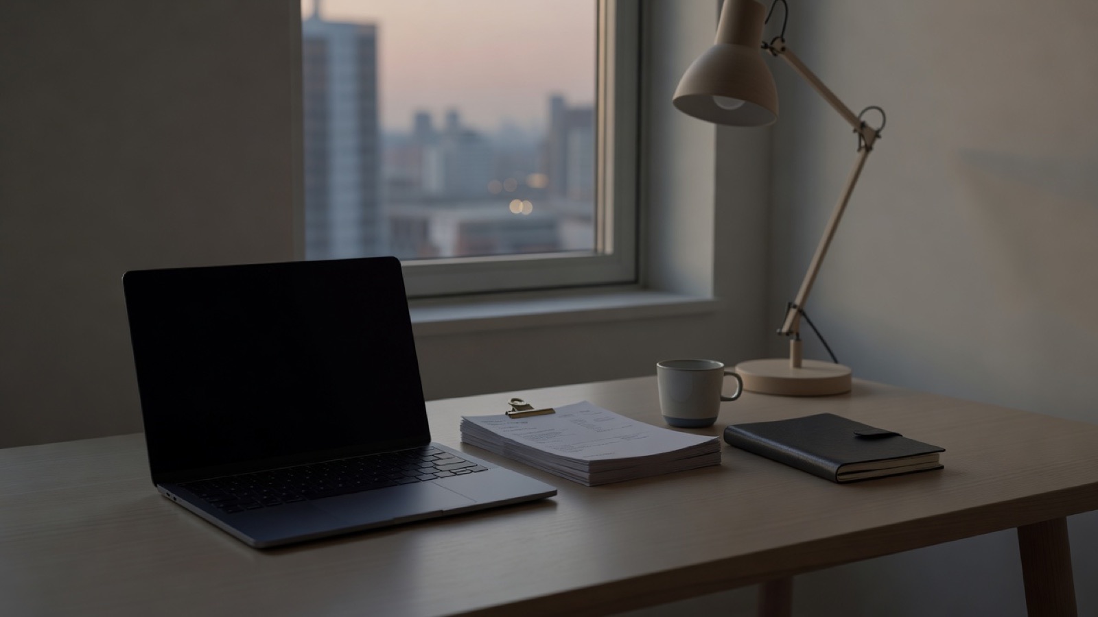 A small finance office at dusk: a closed laptop, a stack of paper invoices and a notebook on a wooden desk by the window