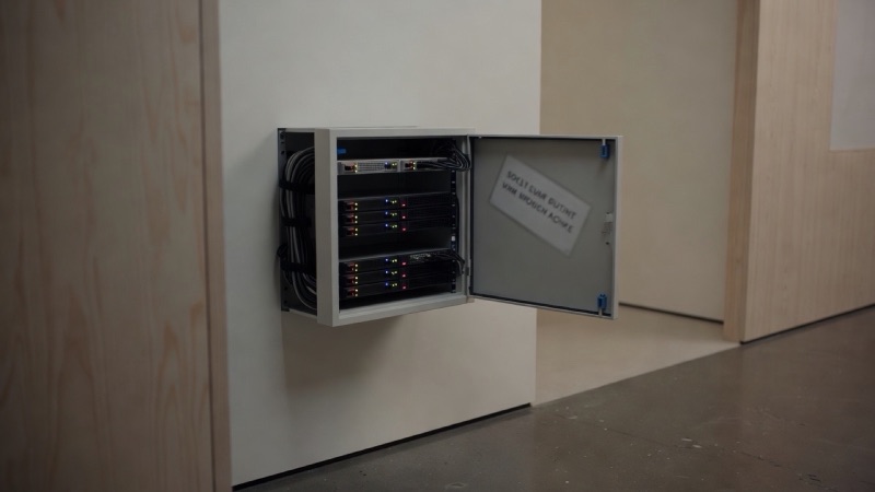 A small server cupboard in an office corridor: a rack with a few units and blinking lights, neatly bundled cables, and a printed label on the door