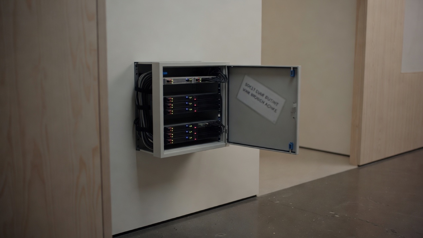 A small server cupboard in an office corridor: a rack with a few units and blinking lights, neatly bundled cables, and a printed label on the door
